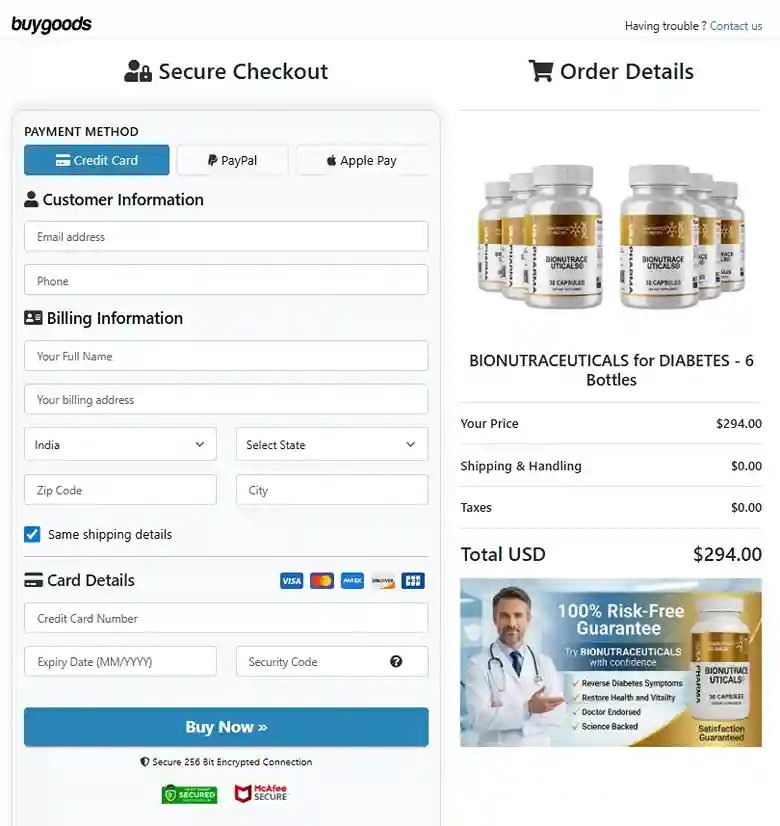 Secure Bionutraceuticals checkout process